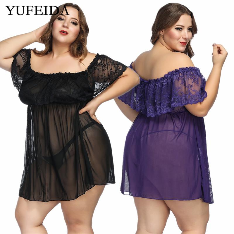 

6XL Sexy Women Lingerie Nightgown Hot Erotic Lace Night Dress Perspective Pijama Ladies Sexy Nightwear with Thong Sleepwear Set, Black