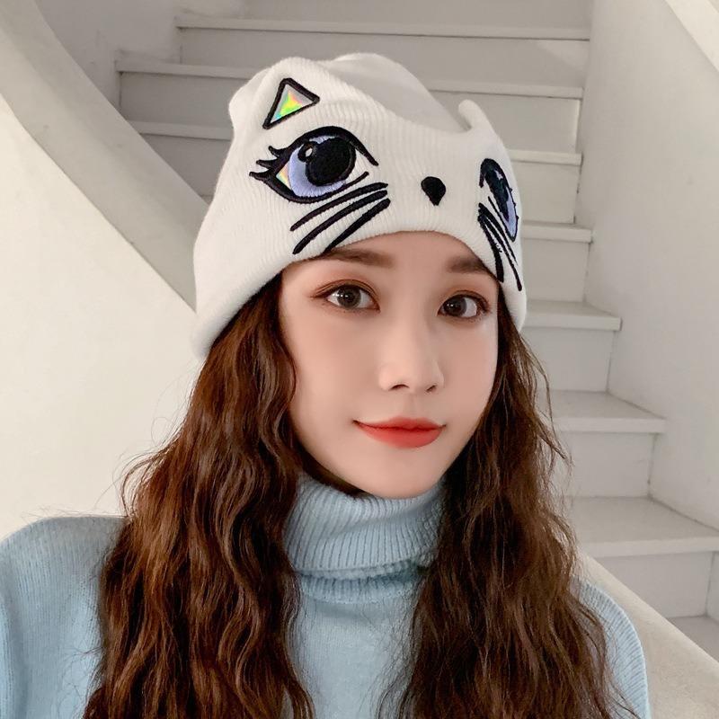 

Beanie/Skull Caps Winter Cute Cat Woolen Cap Women Thick Warm Knitted Hat Student High Quality Beanies Hats Fall For 2021, White