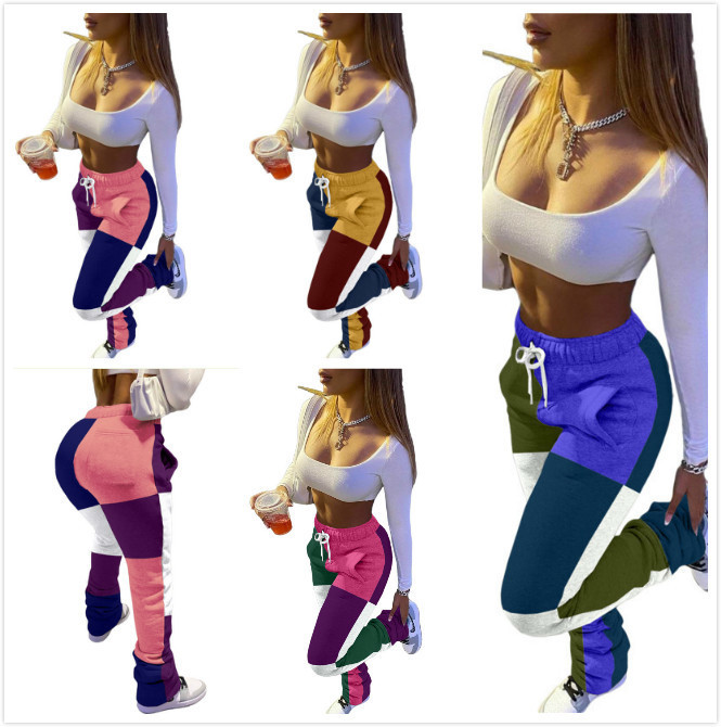 

Women Stacked Sweatpants Designer Fashion Contrast Stitching Printed Slim Sports Trousers Ladies New Casual Drawstring Leggings, Multicolor-3