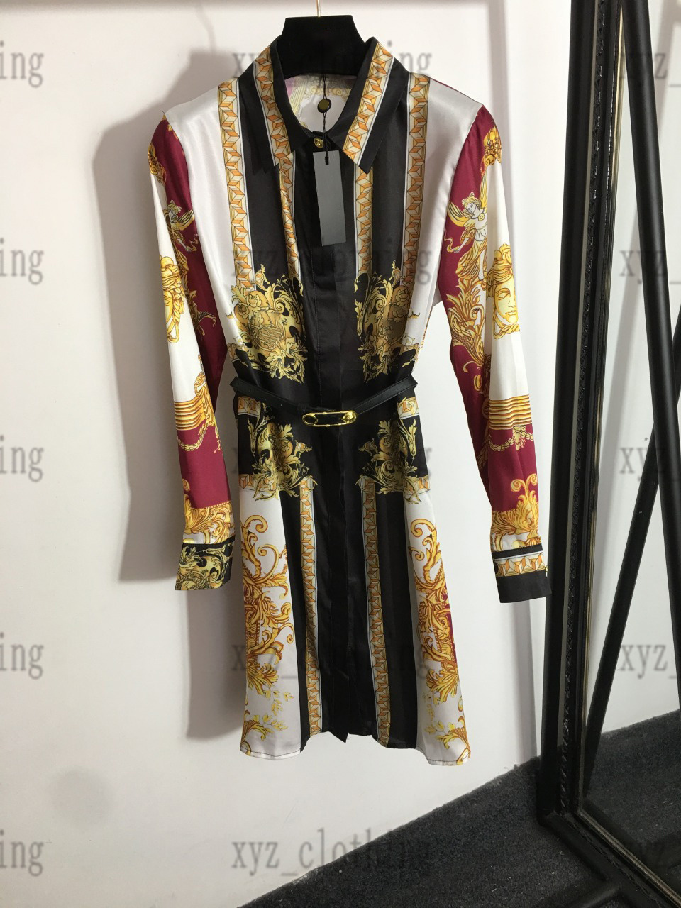 

belt waist designer dress long sleeve shirt womens sleeveless shirts dresses 2022 summer vintage print high-end polo Collar Waist Drawstring Design sleeves skirts, Blue