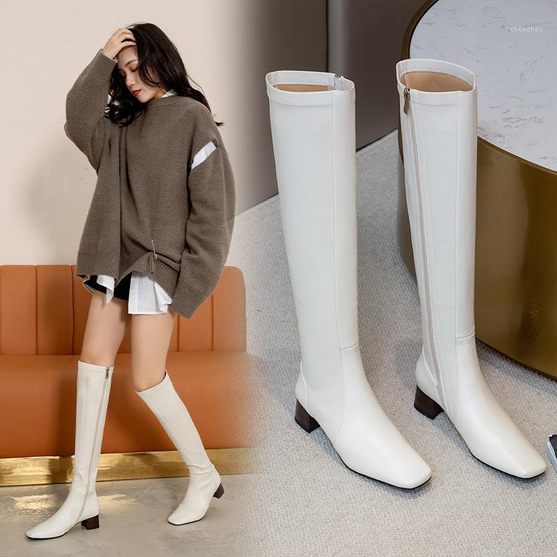 

Boots 2021 Knee High Square Toe Thick Med Heels Party Shoes Woman Genuine Leather Dancing Basic Size 41 42 431, Beige