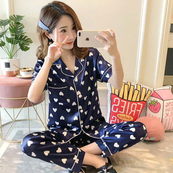 

Pajamas Set Women Floral Silk Satin Sleepwear Short Sleeves Long Pants Sleep Suit Ladies Silk Pyjamas Home Clothing Nightwear Y0112