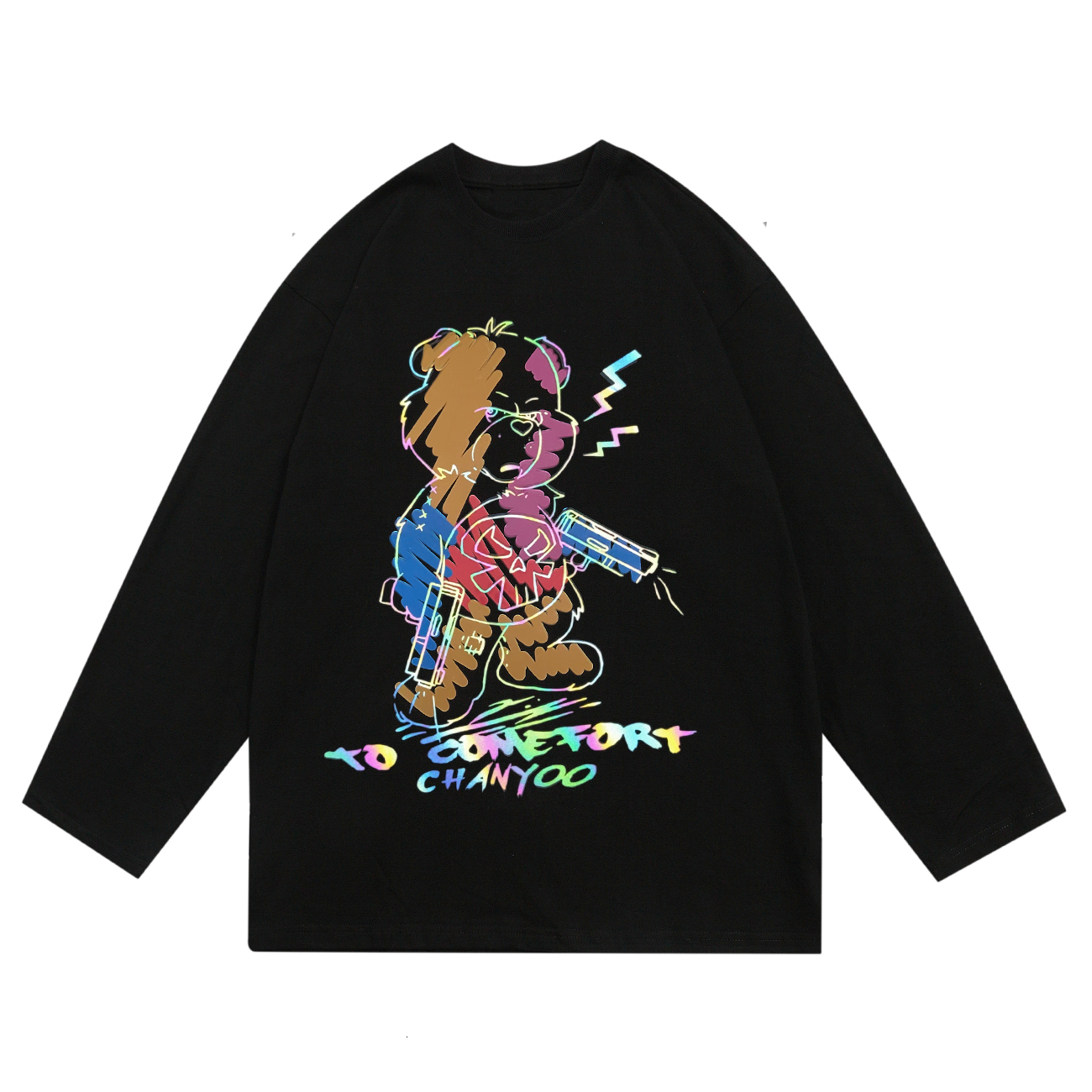 

2021 New Streetwear Reflective Bear Print Long Sleeve Autumn Winter Hip Hop Harajuku t Shirt Loose Oversized Tshirts Cotton Dwi6, Black