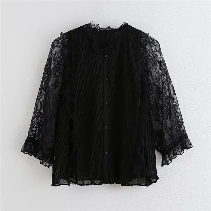 

2021 New Elegant Women Floral Embroidery Mesh Patchwork Shirt Fashion Ladies Lace Button Tops Sweet Female Chic Pleated Blouse Ig21, Black