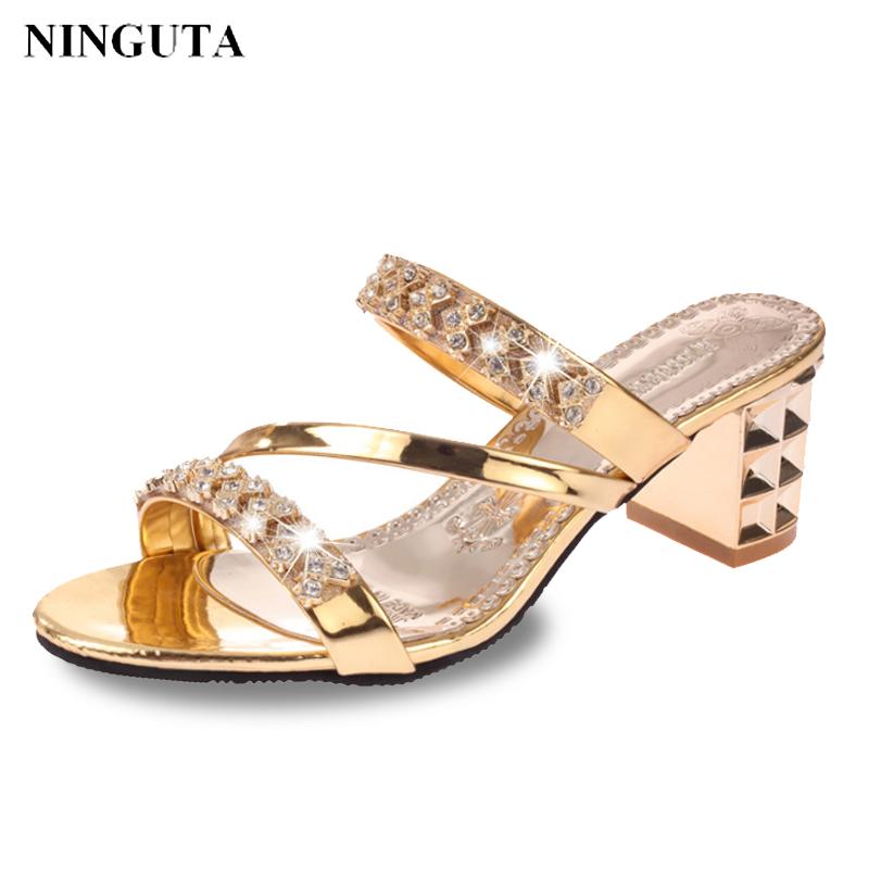 

NINGUTA elegant crystal heels shoes woman fashion Mules, Black