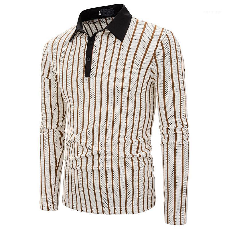 

Brand Polos Mens Fashion Cotton Shirts Hombre Men' Clothing masculino Business Casual Long sleeves Shirt Striped1, Brown