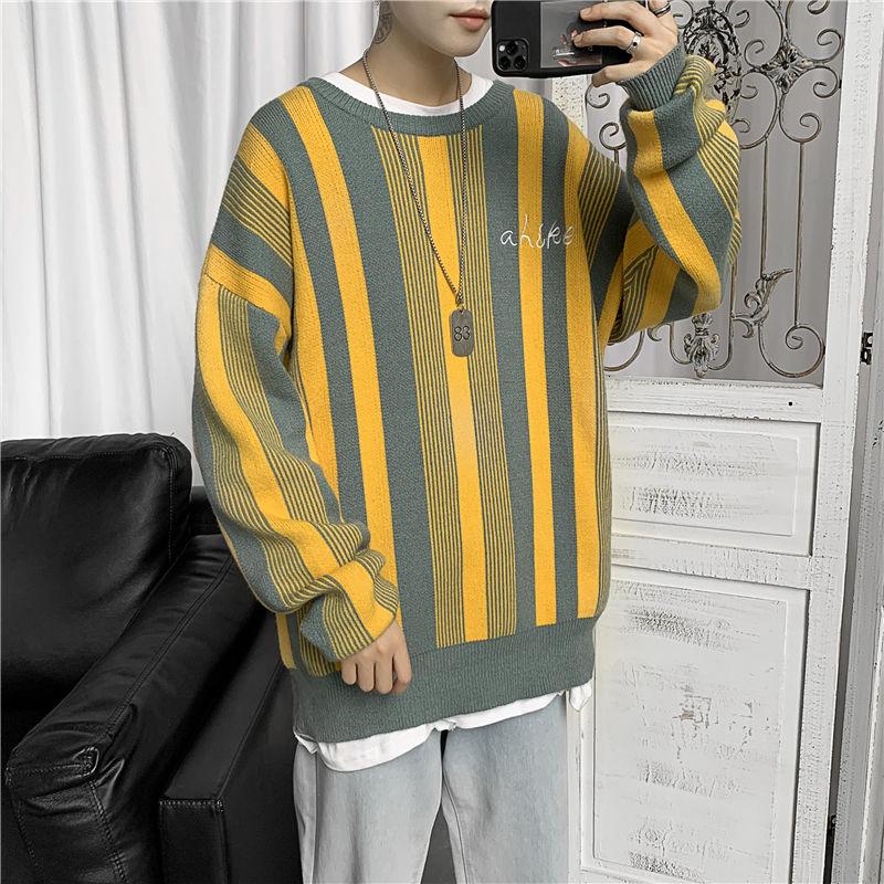 

2020 Autumn And Winter New Youth Popular Loose Contrast Color Striped Sweater Fashion Casual Round Neck All-match Pullover, Black
