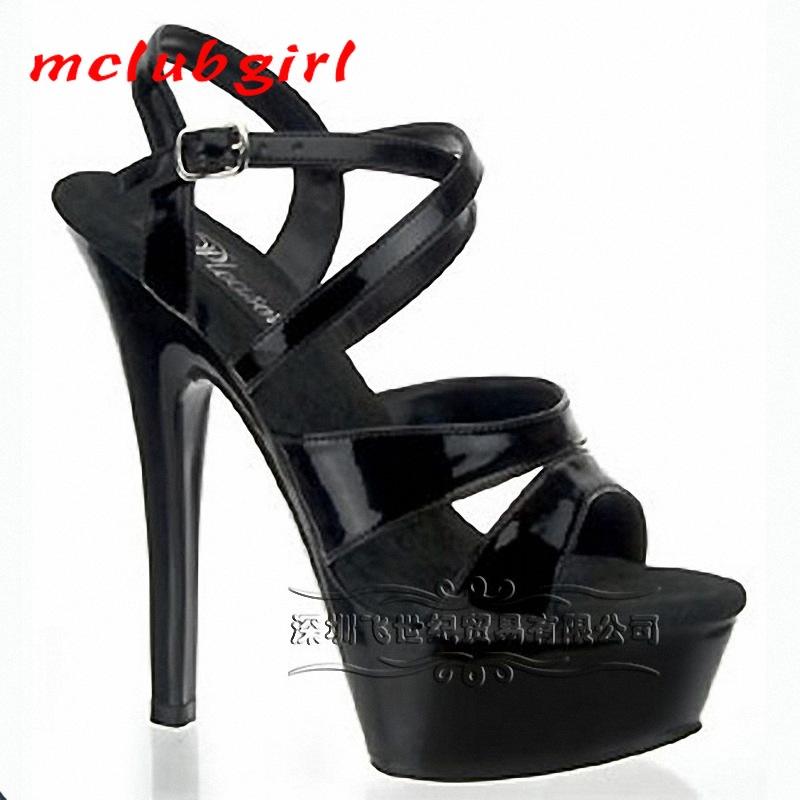 

Mclubgirl 15cm Heels New Pure Color Classic Buckle Patent Leather Low Top Round Head Ultra-fine Heel Hollow Sandals LYP, Black