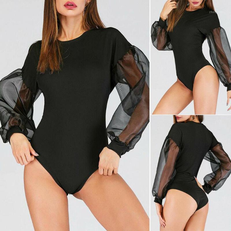 

Fashion Womens Perspective Splice Solid Long Sleeve Elastic Leotard Tops Romper Women' Jumpsuits & Rompers, Black