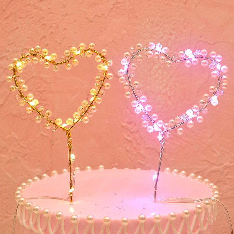 

LED Pearl Cake Toppers Heart Shape Wedding Cupcake Topper Happy Birthday Party Decoration Baby Shower Cake Decorating Tools