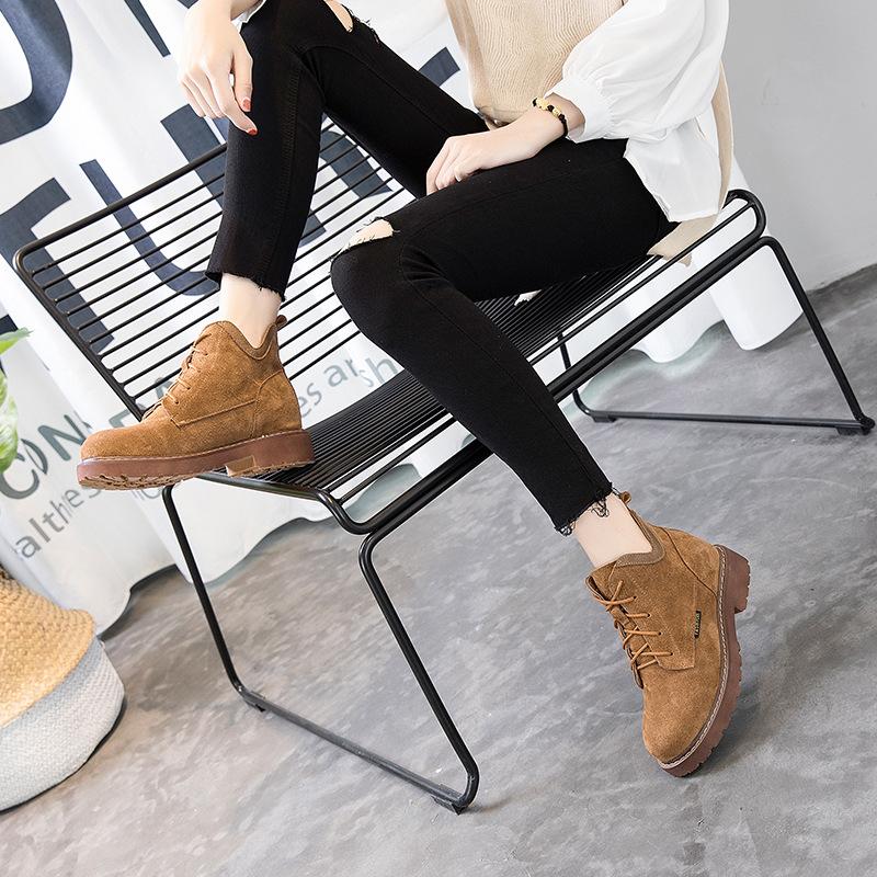 

Fashion Leisure Increased Internal Motorcycle Boots Women Ankle Round Toe Low Lace up Boots Sewing Punk Ladies Shoes, Black