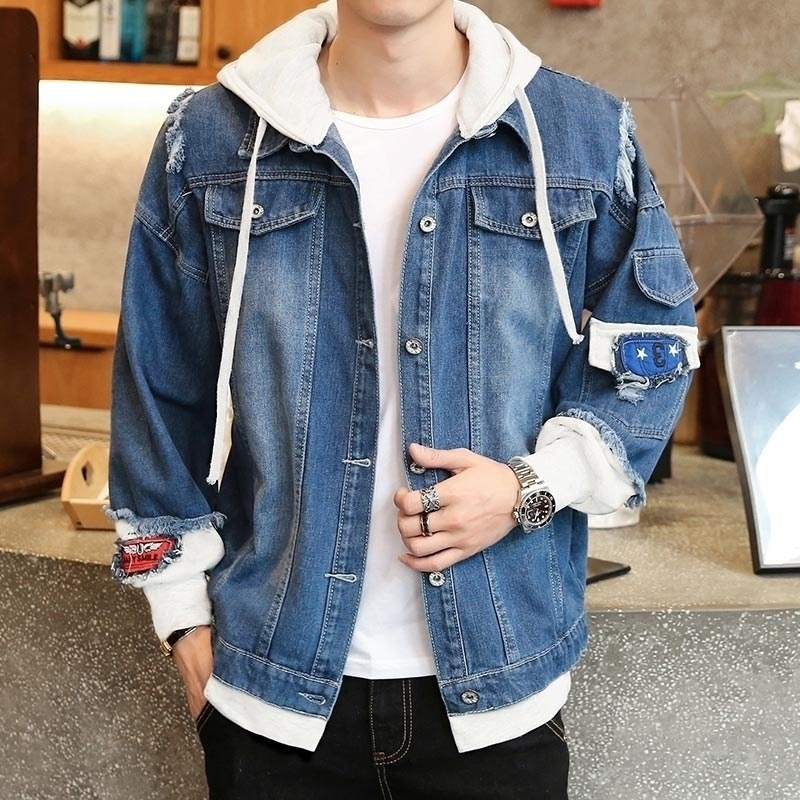 

New Spring Fashion Slim Fit Coat Men Denim Jacket Streetwear Hip Hop Men's Hooded Jean Jackets Male Casual Loose Outerwear 201116, Light blue-1