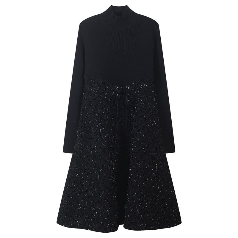 

Runway Warp Lace Up Women Dresses Plaid Shiny Slim Fit Robe Knitted Vestidos Long Sleeve Sashes A-line Ladies Drawstring Dress, Black