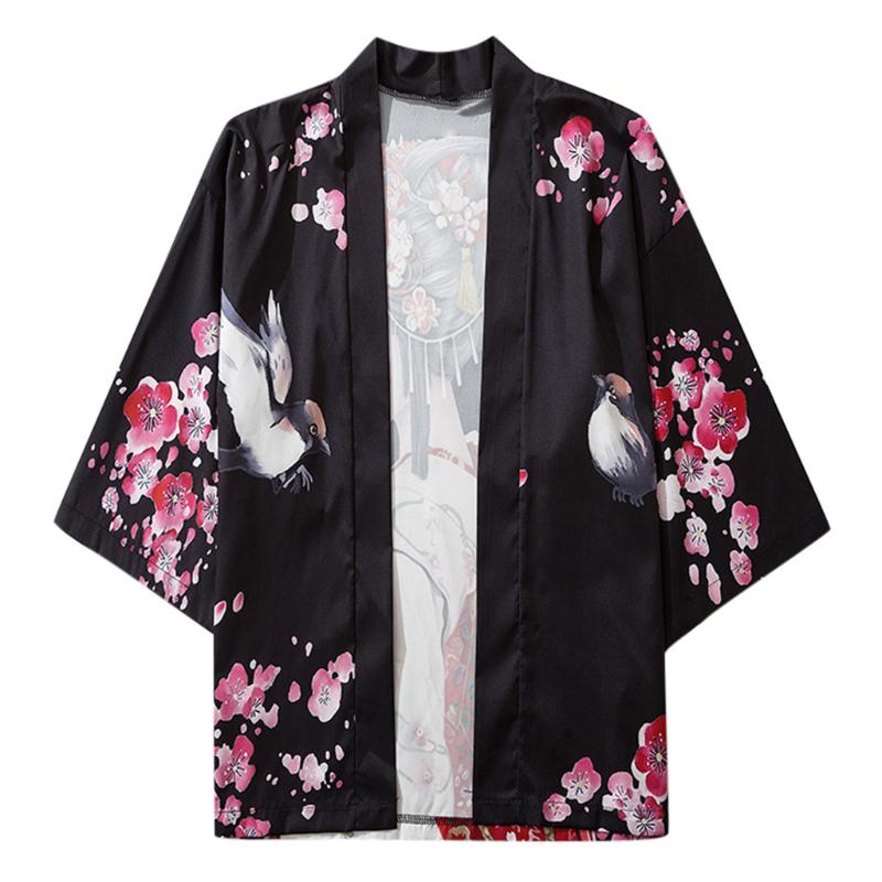 

Summer Japanese Five Point Sleeves Kimono Mens And Womens Cloak Jacke Top Japanese Ethnic Traditional Unisex Thin Loose Blouses, Black