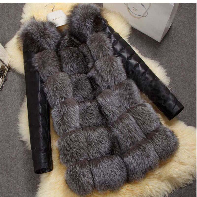 

Savabien Winter Coat Women Faux Fur Jacket Patchwork Leather Long Sleeve Cheap Faux Fur Coat Vintage Black Silver Overcoat