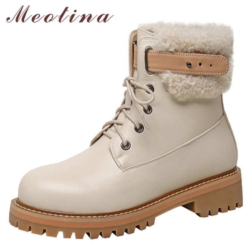 

Meotina Platform Med Heel Motorcycle Boots Woman Genuine Leather Ankle Boots Thick Heel Shoes Lace Up Short Female Winter, Black