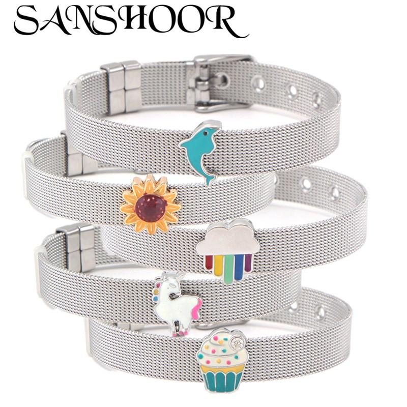 

Charm Bracelets SANSHOOR Silver Plated Adjustable Mesh Bracelet With Lovely Cute Slide Charms As Women Teenagers Fashion Jewelry Gifts