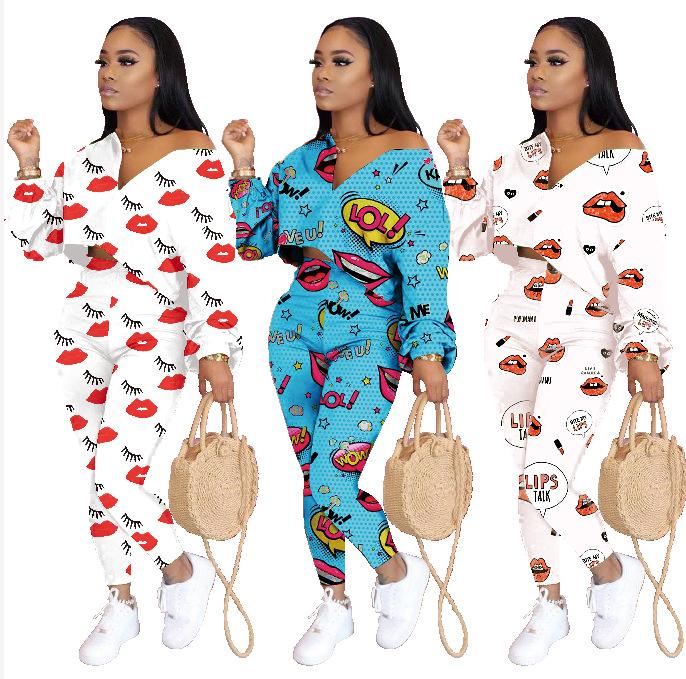 

2020 Autumn Women Two Piece Set Lip Print V-neck Pullover Top High Waist Pants Suit Fashion Tracksuit Casual 2pcs Print Outfits, Sky blue