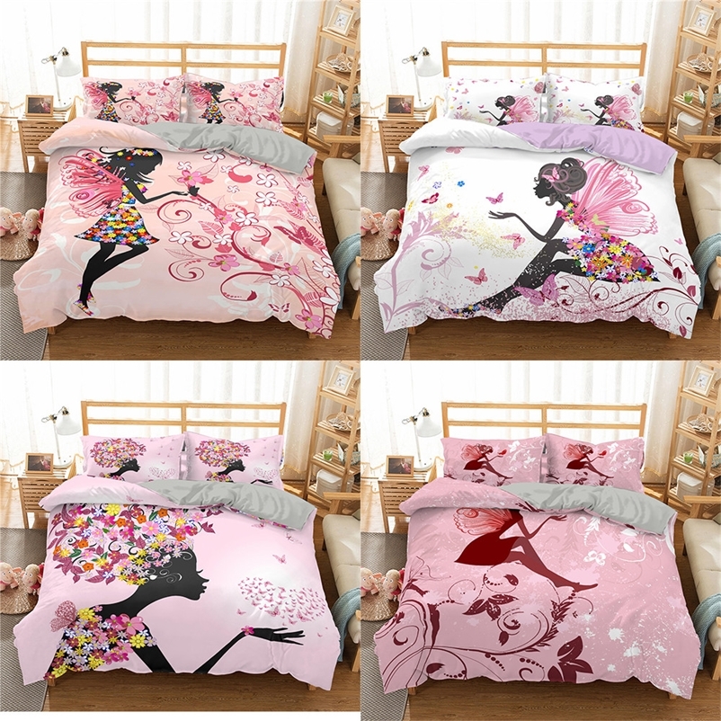 

Homesky Pink Fairy Bedding Sets 3D Colorful Flower Printing Duvet Cover For Girl Comforter Bedding Sets King Queen Size Bed Line 201021, Cd169-2