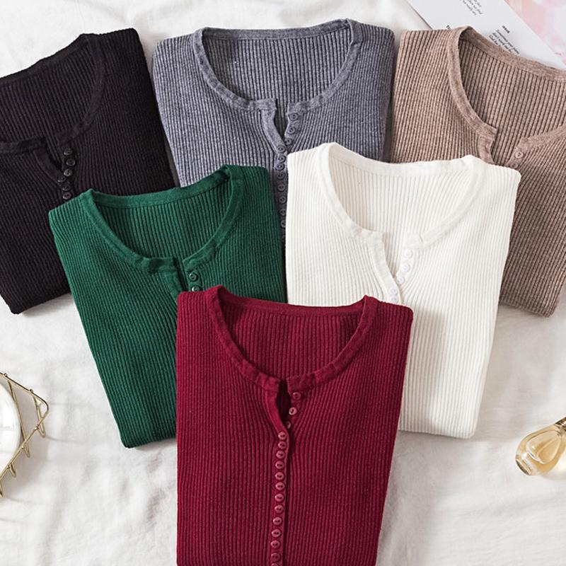 

Lucyever V Neck Pullover Sweater Women Basic Autumn Slim Knitted Jumper Long Sleeve Button Soft Elastic Female Top New 2020, Green
