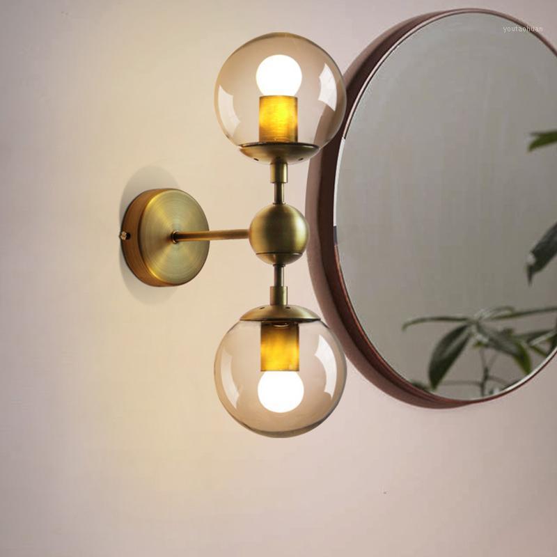 

Modern Bedroom E27 Wall Lights Stair Wall Lamp Sconce metal base Globe Glass Double Ball Heads Vintage Indoor Lighting Fixtures1