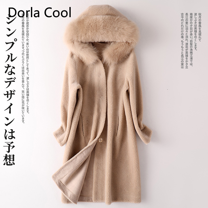 

100% Real Fox Skin Collar with Hood Female Jacket Maxi Long Wool Loose Outerwear High Quality Lady Thick Winter Coat Clothing Tyki, Red.