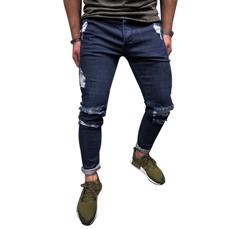

Vogue Men Hip Hop Skinny Ripped Denim Jeans Distressed Straight Streetwear Slim Fit Stretch Casual Jeans Trousersd Denim Pants, Dark blue