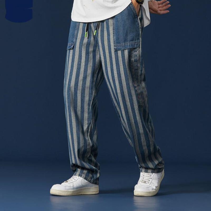 

Striped Jeans Men Denim Overalls 2021 Straight Punk Hip Hop Streetwear Plus Size 5XL Denim trousers Pantalon Homme w1579, Blue