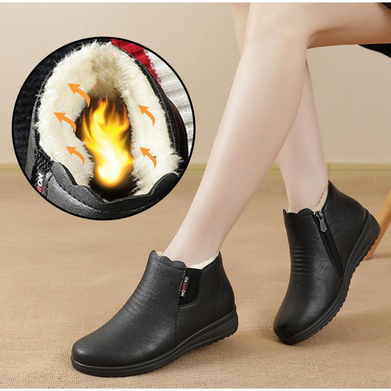 

Winter Warm Shoes Women Ankle Boots Cotton Shoes Plush Warm Pu Leather Ladies Non-Slip Zipper Solid Color Snow Mom Booties, Black