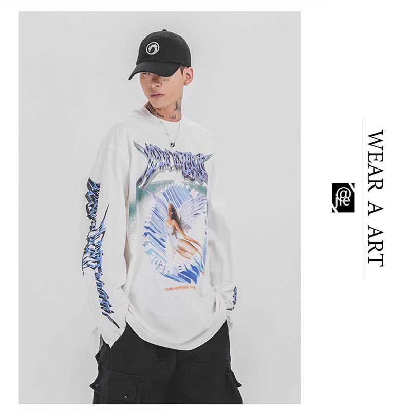 

Men Casual T-shirt Boy Long Sleeve Hoodie Student Loose Clothes Spring Hip-hop Hot New Product Fashion Popular Simple Stresswear Print Coat, Black