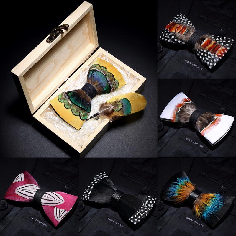 

JEMYGINS 2020 original design bow tie feather bow exquisite handmade men's tie brooch pin wooden gift set wedding party