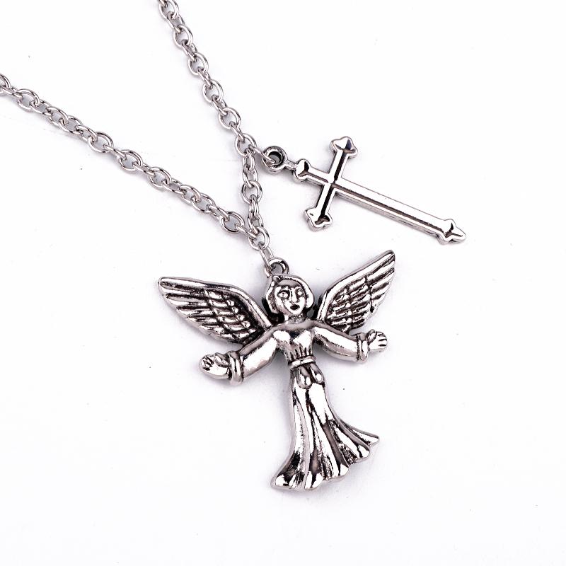 

1PC Punk Stainless Steel Angel Cross Necklace Men Jewelry Hip Hop Rock Metal Color Cupid Baby Pendant Long Choker For Women N85