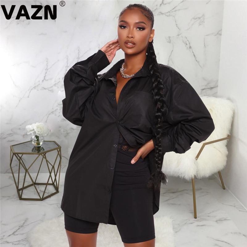 

VAZN 2021 Top Quality Nature Chiffon Shirt Dress Elegant Casual Daily Young Letter Simple Full Sleeve Women Straight Mini Dress, Black