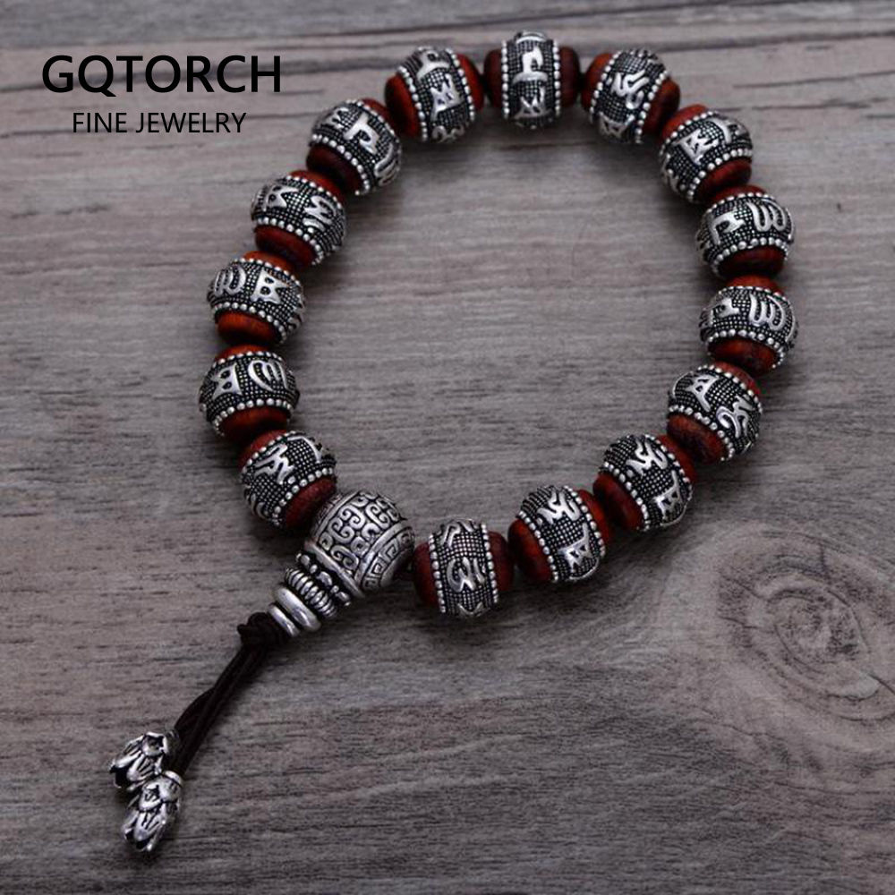 

Tibetan Om Mani Padme Hum Bracelet Natural Lobular Red Sandalwood Inlaid 925 Sterling Silver Buddha Mantra For Men Women Lovers CX200613
