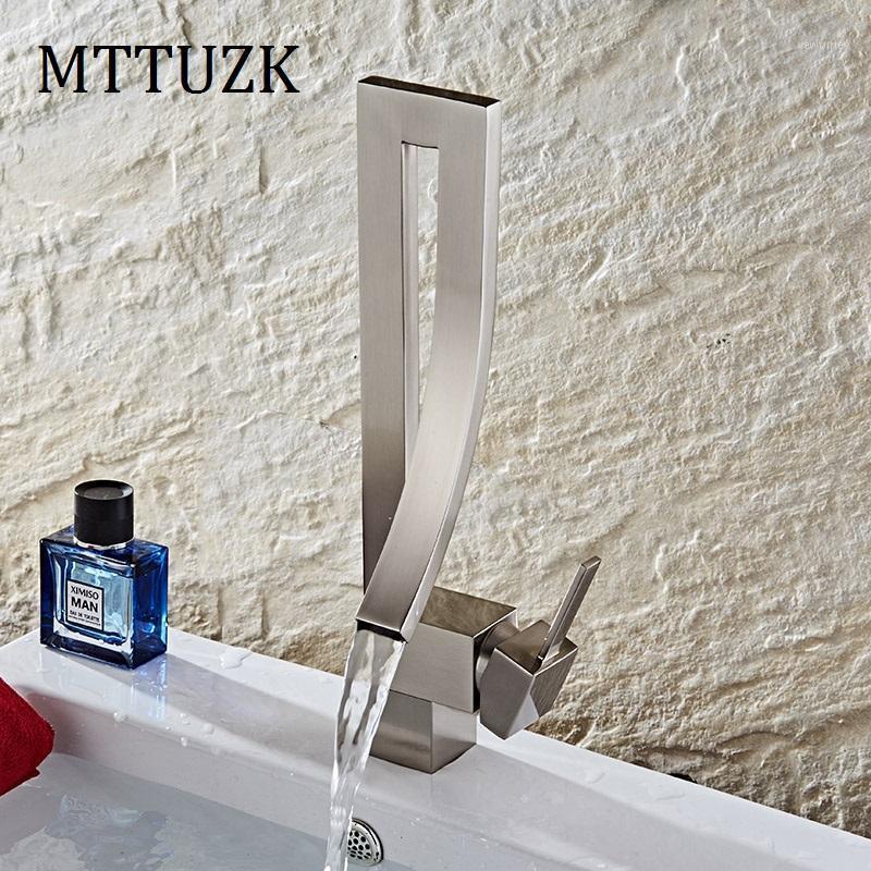 

MTTUZK Free Shipping Unique Design Single Handle Waterfall Brushed Nickel Basin Faucet Tap Hot and Cold Bathroom Faucet Mixer1