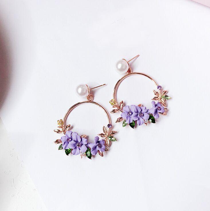 

Women's pearls circle Resin purple pink Flowers Earrings Lovely korean style Ins Popular Noble fashion jewelry drop earrings1