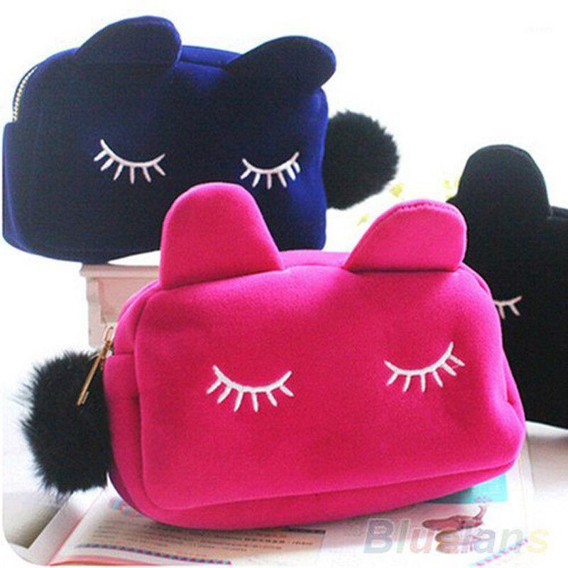 

Hot Sale Fashion Travel Make Up Bag Cartoon Cat Makeup Bags Case Box with Zipper Cosmetic School Stationery Velour Pouch Purse1, Black