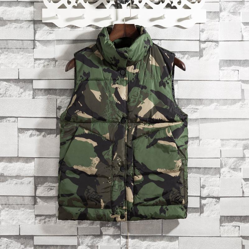 

2021 Men' Down Cotton Printed Vest Youth Autumn Warm Casual Stand Collar Camouflage Vest, Blue
