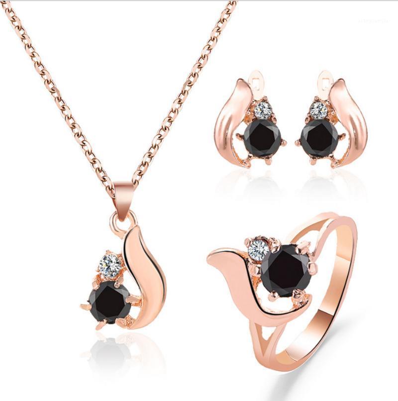 

Earrings & Necklace Jewelry Sets Earring Ring Wing Shape Crystal And Black Obsidian Setting Gold Color Plated Metal Chain, Silver