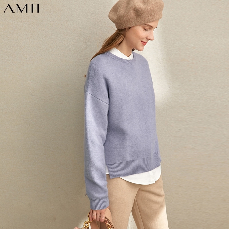 

Amii Winter Women Vintage Knitted Sweaters Female Elegant Solid Loose Split Pullover Sweater Tops 11940643 201111, Water blue