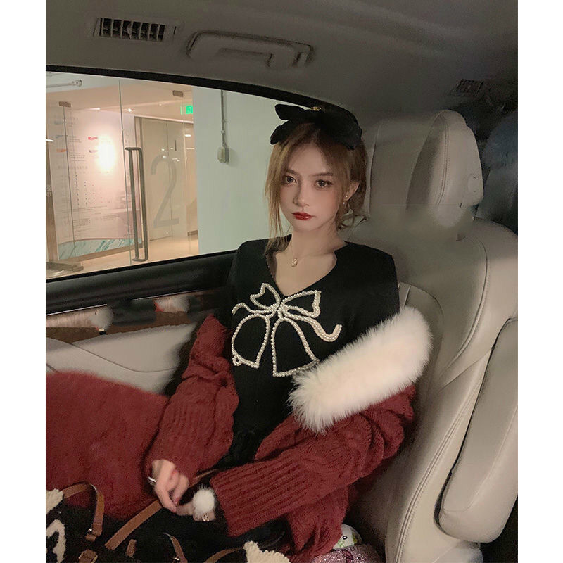 

New fashion 2021 pearl v neck jumper fitting fine knitted sweater short female style femme tops 4 color y504 YAOV, Apricot