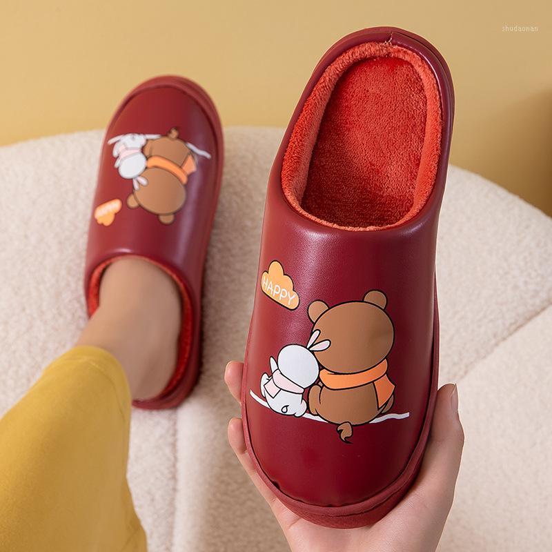 

Winter Slippers Warm Comfortable Fashion Shoes Female Waterproof Leather Thick Sole Indoor Bedroom Home Couple Women Slippers1, Pink