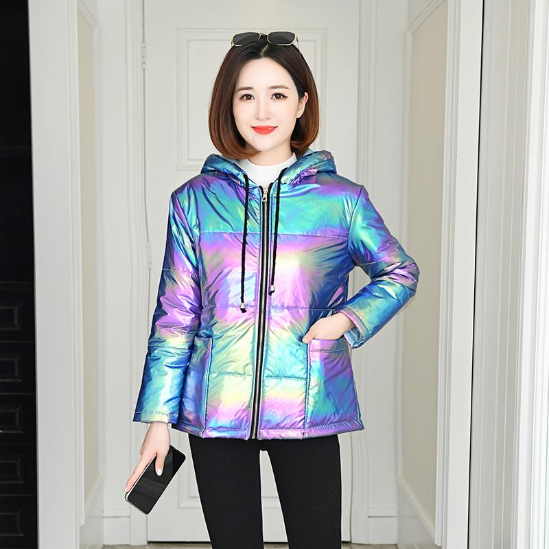 

Women Rainbow Glossy Down cotton Jacket Parka 2020 Winter New Hooded Padded Jacket Ladies Waterproof Coats Plus size 5XL G324, Photo color