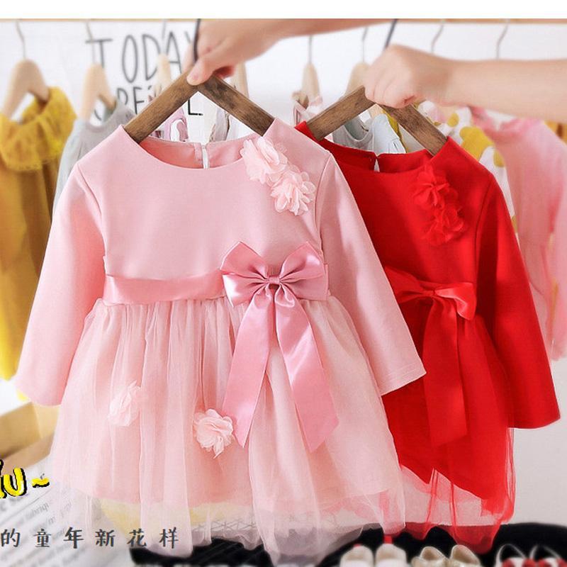 

2020 Autumn Girls Princess Bow Flower Dress Children Kids Baby Infants Long Sleeve Patchwork Birthday Party Dresses WT11281, Pink