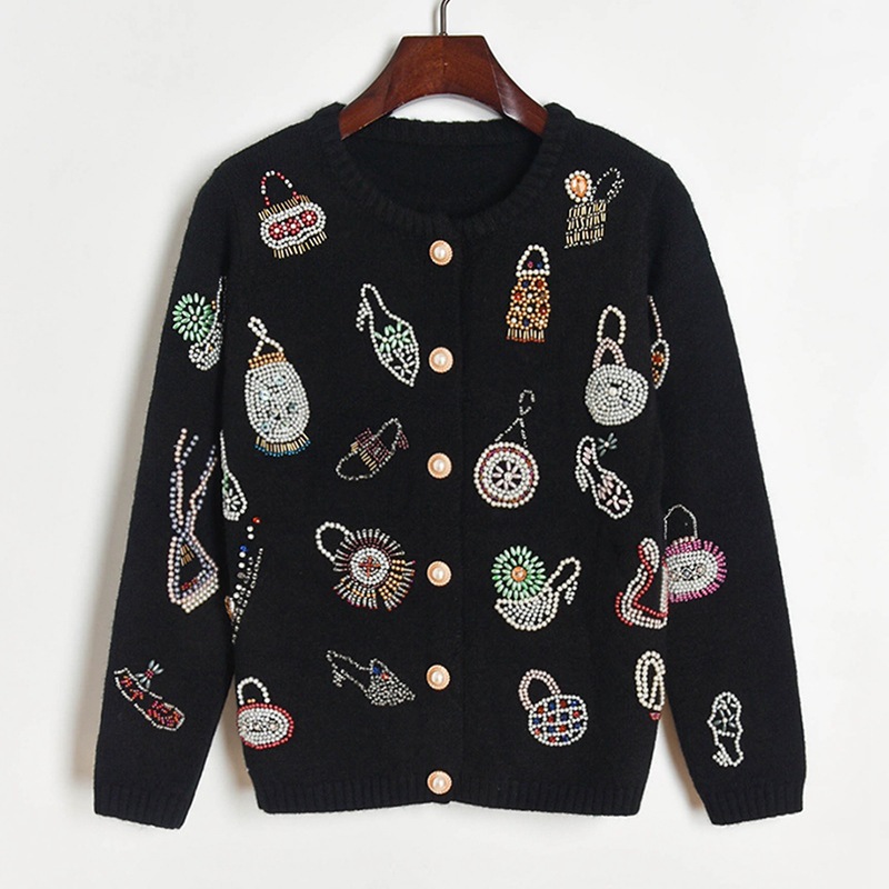 

2020 Winter Trend New Heavy Industry Beaded Bags Shoes Pattern Knitted Sweater Long-sleeved Cardigan Women' Sweater Cardigan Size -L, White