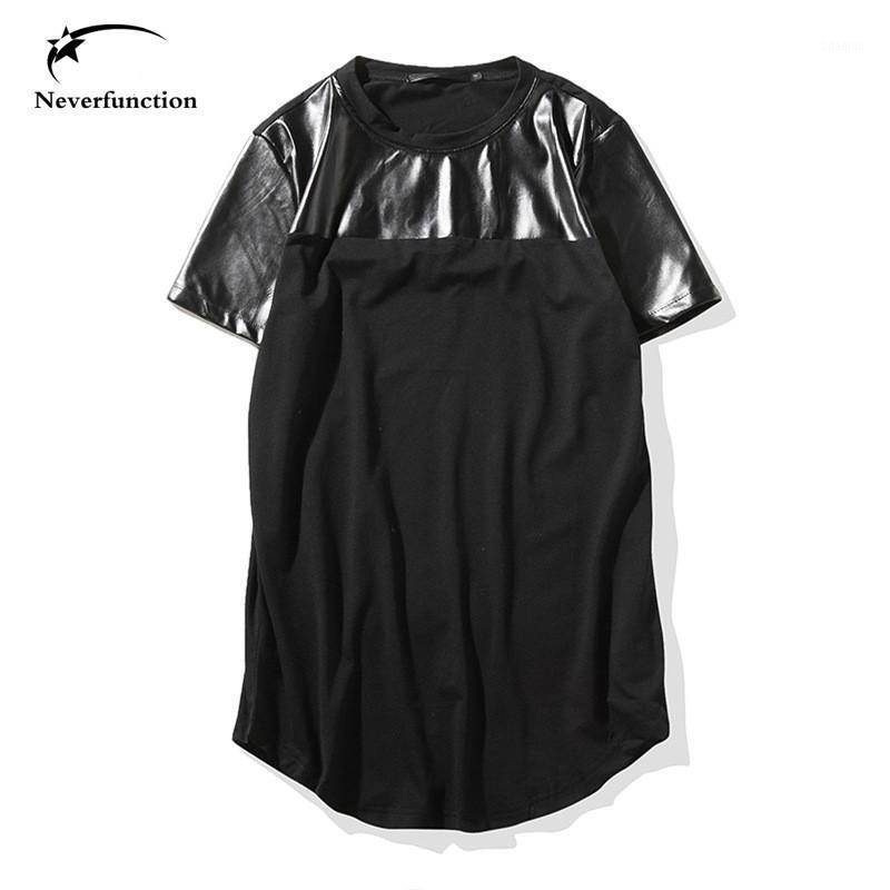 

T Shirt Men Tide PU Leather Splicing Short Sleeve Tee Shirt Homme Hip Hop Arc Hem Extended Men T-shirt Fashion Summer Camisetas1, B106 white