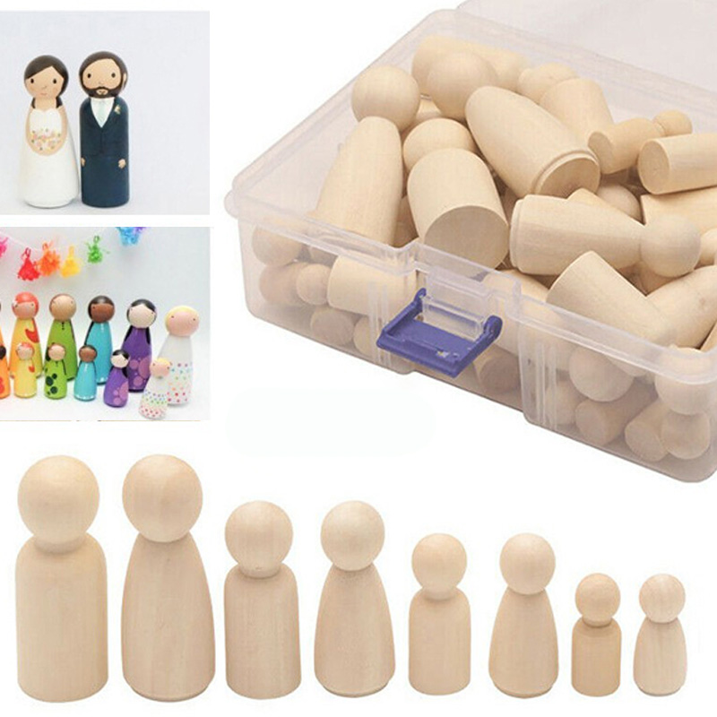 

50pcs/set Wooden Dolls Party Games Unfinished People Christmas Nesting Peg Unpainted Blank Set DIY Crafts Toys with Box
