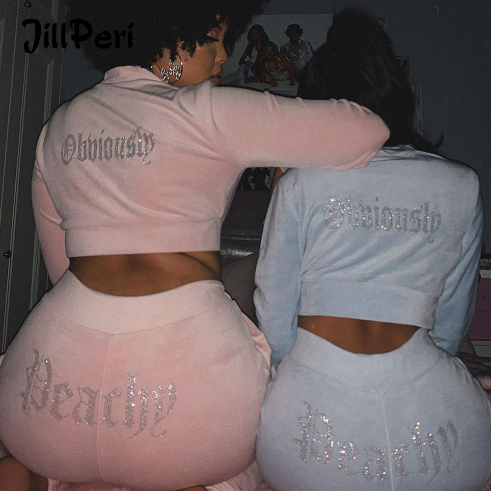 

JillPeri Winter Velvet Crop Jacket and Tracksuit Joggers Two Piece Set with Diamante Rhinestones Jogging Suits for Women 201111, Pink