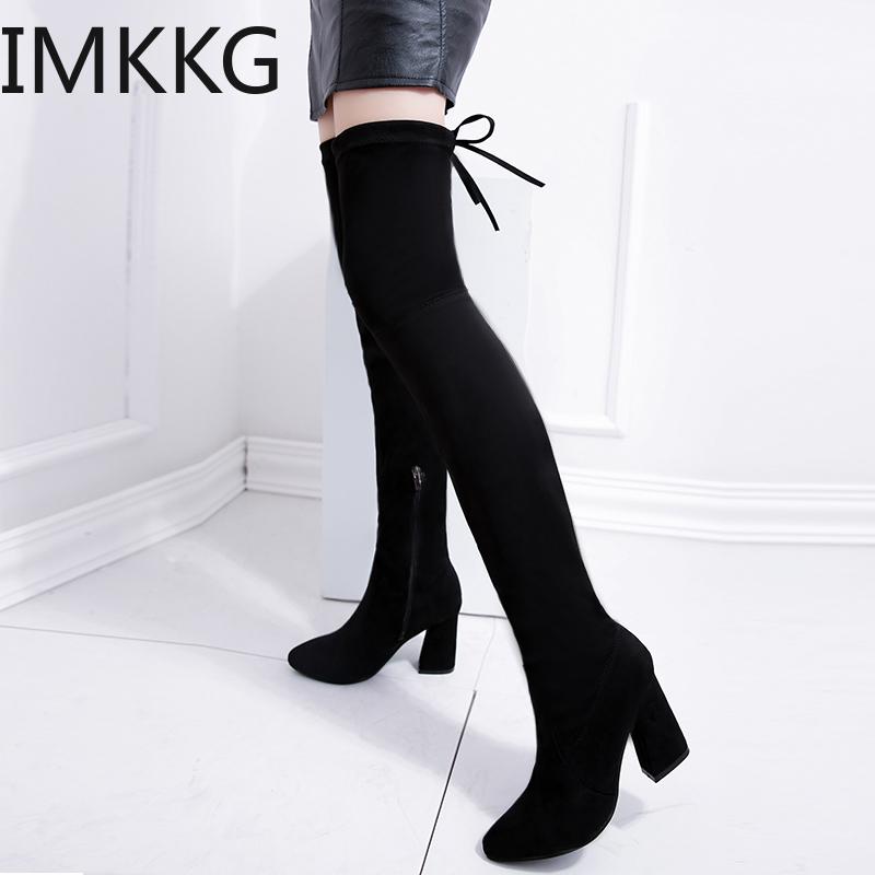 

2021 Women Over The Knee Boots Autumn Winter pointed Toe Women Shoes Stretch Flock Square high Heel Long Boots Size 35-40, Black