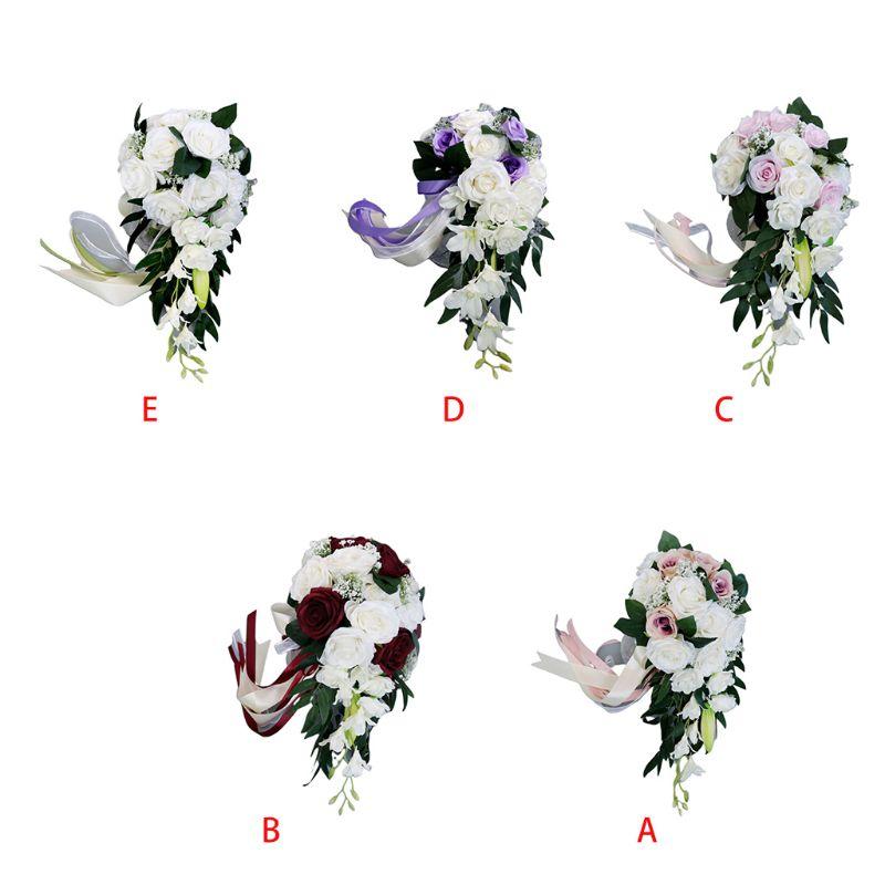 

Romantic Wedding Bridal Waterfall Bouquet Artificial Rose Flowers with Ribbon Bridal Bouquet